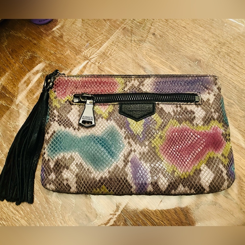Aimee Kestenberg Colorful Snakeskin Print Leather Clutch Bag Zip Top With Tassel